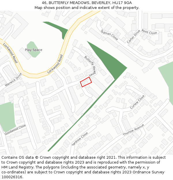 46, BUTTERFLY MEADOWS, BEVERLEY, HU17 9GA: Location map and indicative extent of plot