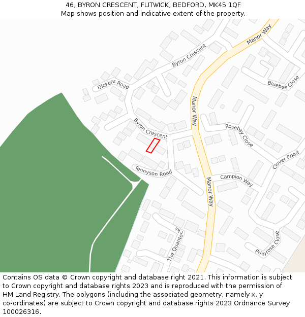 46, BYRON CRESCENT, FLITWICK, BEDFORD, MK45 1QF: Location map and indicative extent of plot
