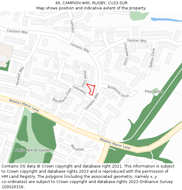 46, CAMPION WAY, RUGBY, CV23 0UR: Location map and indicative extent of plot