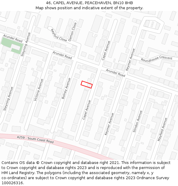 46, CAPEL AVENUE, PEACEHAVEN, BN10 8HB: Location map and indicative extent of plot