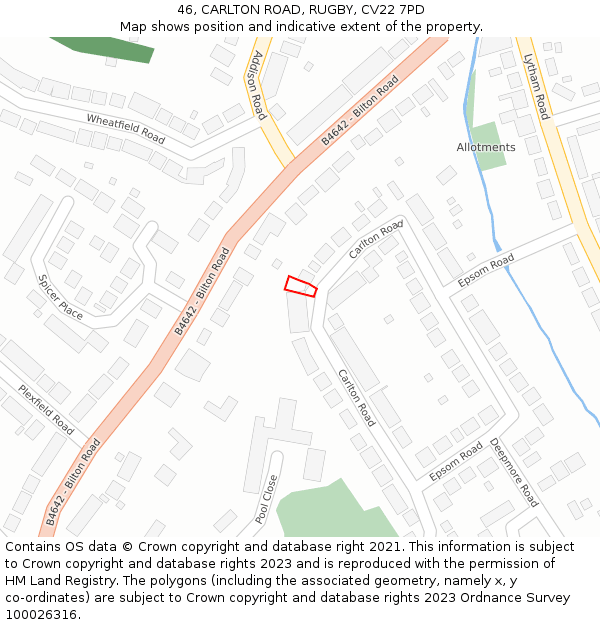 46, CARLTON ROAD, RUGBY, CV22 7PD: Location map and indicative extent of plot