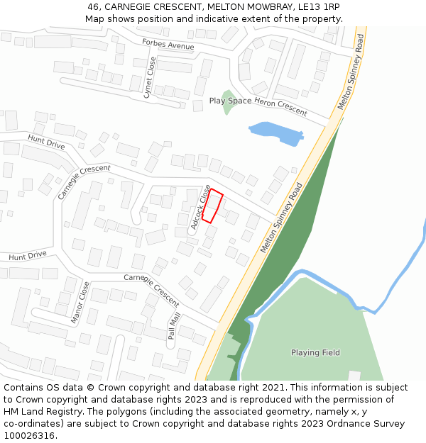 46, CARNEGIE CRESCENT, MELTON MOWBRAY, LE13 1RP: Location map and indicative extent of plot