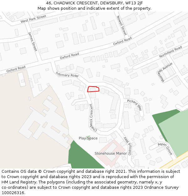 46, CHADWICK CRESCENT, DEWSBURY, WF13 2JF: Location map and indicative extent of plot