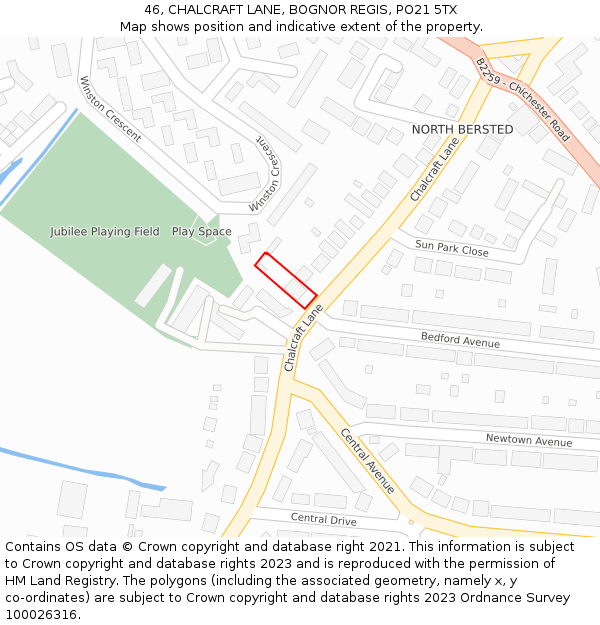 46, CHALCRAFT LANE, BOGNOR REGIS, PO21 5TX: Location map and indicative extent of plot