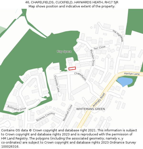 46, CHAPELFIELDS, CUCKFIELD, HAYWARDS HEATH, RH17 5JR: Location map and indicative extent of plot