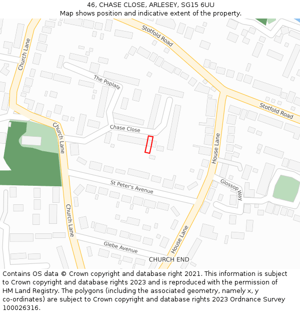 46, CHASE CLOSE, ARLESEY, SG15 6UU: Location map and indicative extent of plot