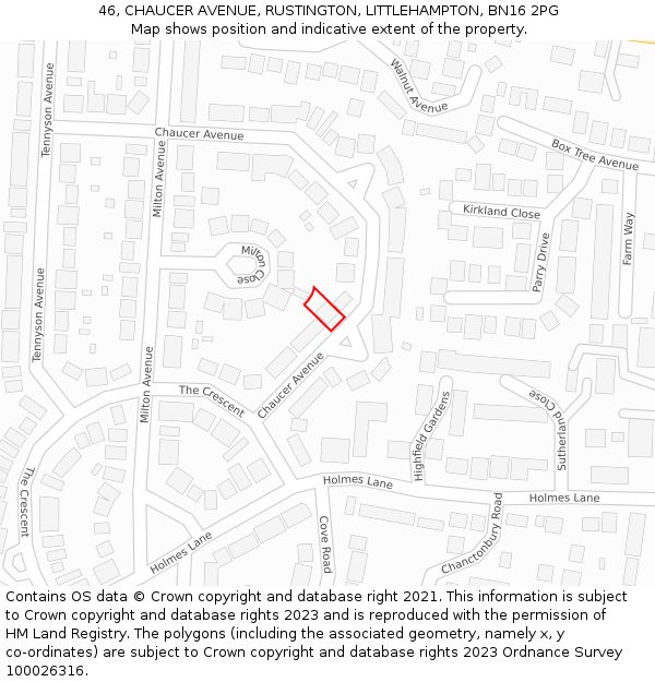 46, CHAUCER AVENUE, RUSTINGTON, LITTLEHAMPTON, BN16 2PG: Location map and indicative extent of plot