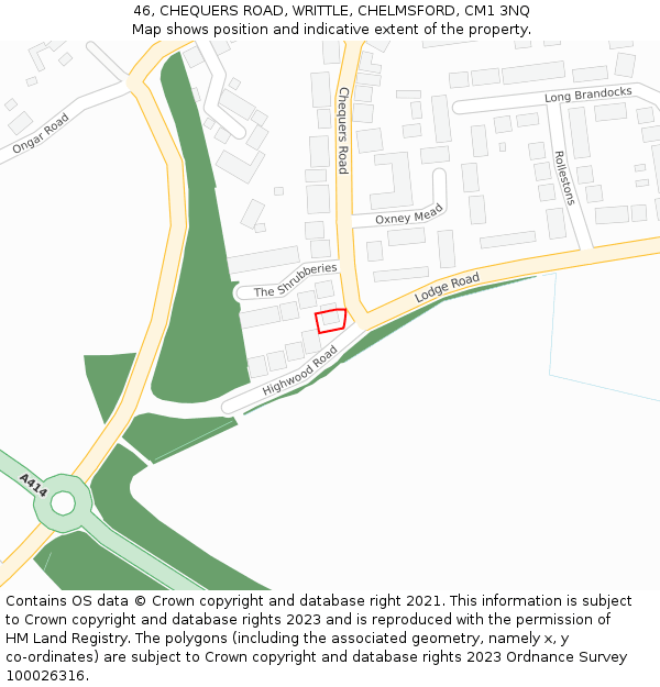 46, CHEQUERS ROAD, WRITTLE, CHELMSFORD, CM1 3NQ: Location map and indicative extent of plot