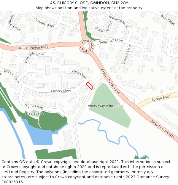 46, CHICORY CLOSE, SWINDON, SN2 2QA: Location map and indicative extent of plot