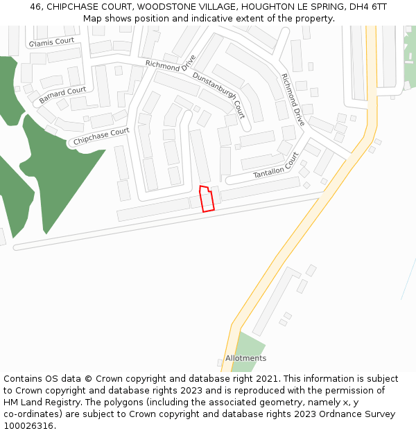 46, CHIPCHASE COURT, WOODSTONE VILLAGE, HOUGHTON LE SPRING, DH4 6TT: Location map and indicative extent of plot