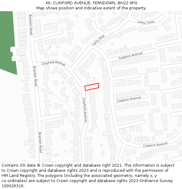 46, CLAYFORD AVENUE, FERNDOWN, BH22 9PG: Location map and indicative extent of plot