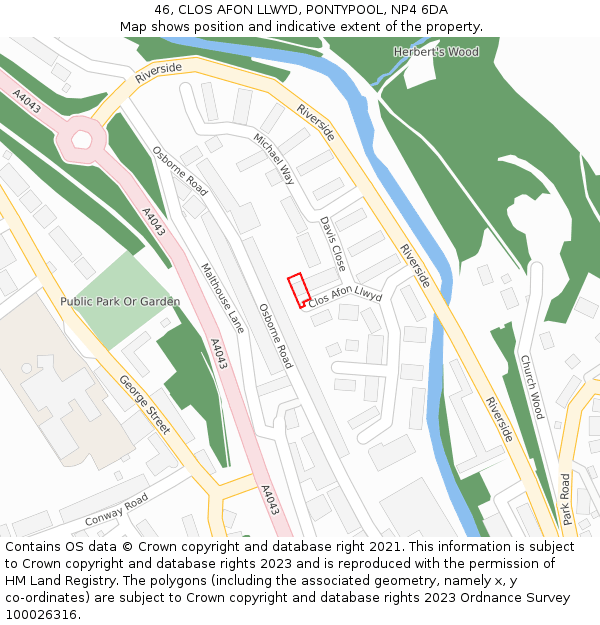 46, CLOS AFON LLWYD, PONTYPOOL, NP4 6DA: Location map and indicative extent of plot
