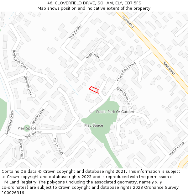 46, CLOVERFIELD DRIVE, SOHAM, ELY, CB7 5FS: Location map and indicative extent of plot