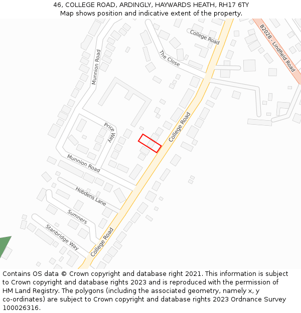 46, COLLEGE ROAD, ARDINGLY, HAYWARDS HEATH, RH17 6TY: Location map and indicative extent of plot