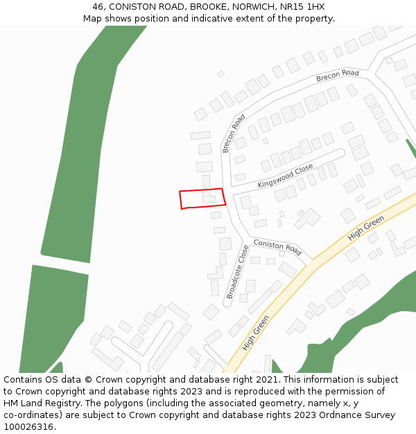 46, CONISTON ROAD, BROOKE, NORWICH, NR15 1HX: Location map and indicative extent of plot