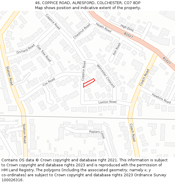 46, COPPICE ROAD, ALRESFORD, COLCHESTER, CO7 8DP: Location map and indicative extent of plot