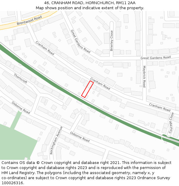 46, CRANHAM ROAD, HORNCHURCH, RM11 2AA: Location map and indicative extent of plot