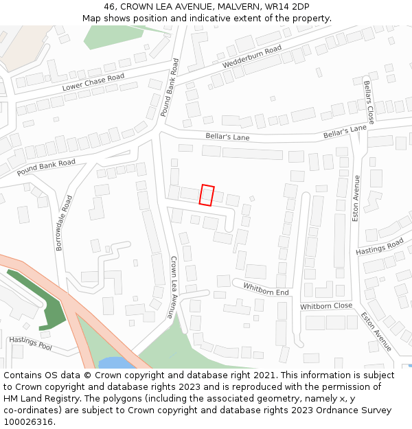 46, CROWN LEA AVENUE, MALVERN, WR14 2DP: Location map and indicative extent of plot