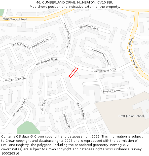 46, CUMBERLAND DRIVE, NUNEATON, CV10 8BU: Location map and indicative extent of plot