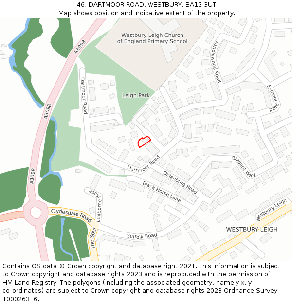 46, DARTMOOR ROAD, WESTBURY, BA13 3UT: Location map and indicative extent of plot