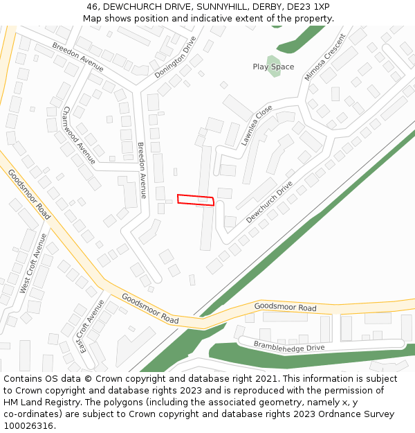 46, DEWCHURCH DRIVE, SUNNYHILL, DERBY, DE23 1XP: Location map and indicative extent of plot