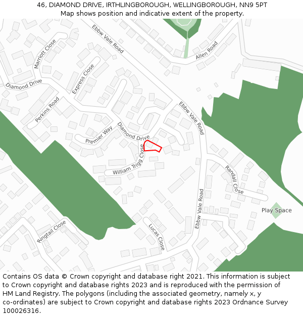 46, DIAMOND DRIVE, IRTHLINGBOROUGH, WELLINGBOROUGH, NN9 5PT: Location map and indicative extent of plot