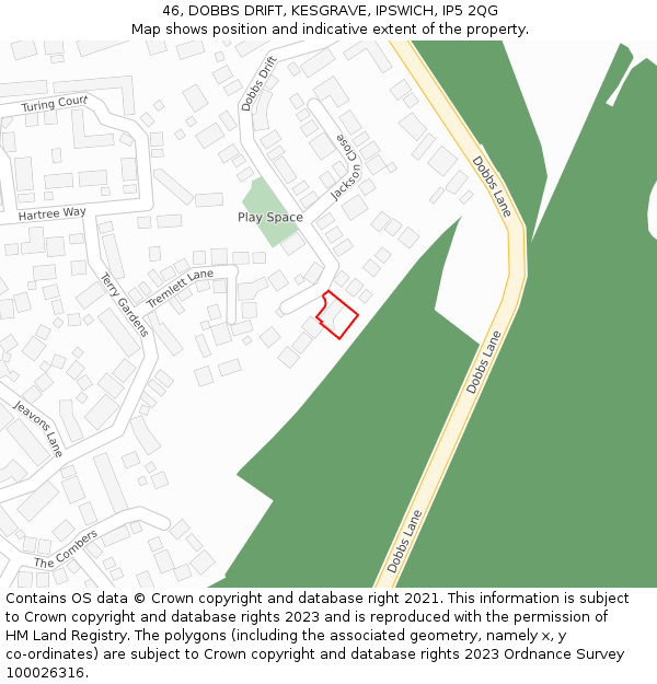 46, DOBBS DRIFT, KESGRAVE, IPSWICH, IP5 2QG: Location map and indicative extent of plot