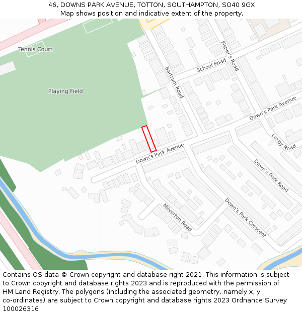 46, DOWNS PARK AVENUE, TOTTON, SOUTHAMPTON, SO40 9GX: Location map and indicative extent of plot