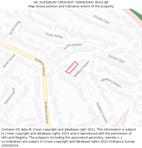 46, DUDSBURY CRESCENT, FERNDOWN, BH22 8JF: Location map and indicative extent of plot