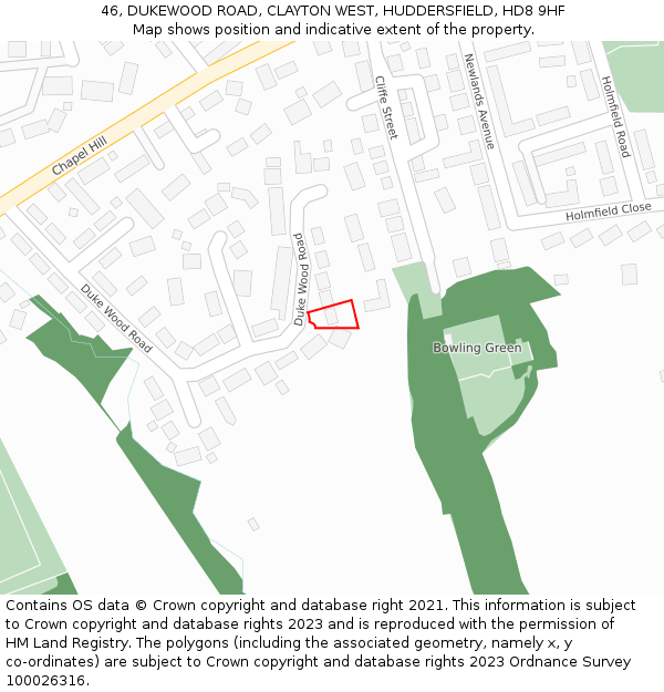 46, DUKEWOOD ROAD, CLAYTON WEST, HUDDERSFIELD, HD8 9HF: Location map and indicative extent of plot