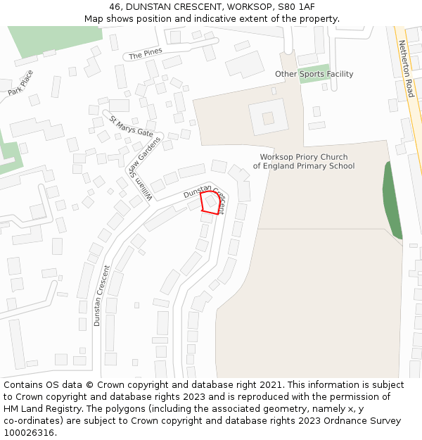 46, DUNSTAN CRESCENT, WORKSOP, S80 1AF: Location map and indicative extent of plot