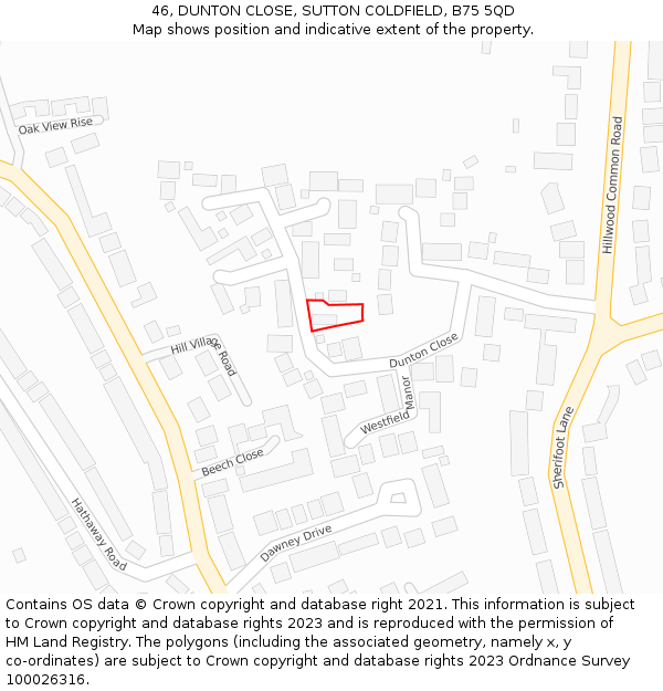 46, DUNTON CLOSE, SUTTON COLDFIELD, B75 5QD: Location map and indicative extent of plot