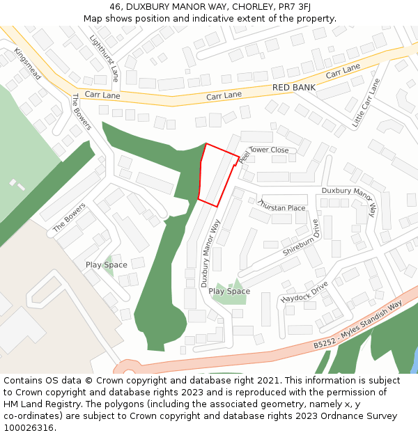 46, DUXBURY MANOR WAY, CHORLEY, PR7 3FJ: Location map and indicative extent of plot