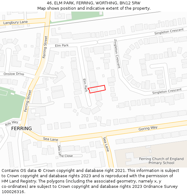 46, ELM PARK, FERRING, WORTHING, BN12 5RW: Location map and indicative extent of plot