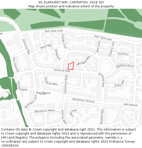 46, ELMHURST WAY, CARTERTON, OX18 1EY: Location map and indicative extent of plot