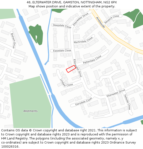 46, ELTERWATER DRIVE, GAMSTON, NOTTINGHAM, NG2 6PX: Location map and indicative extent of plot