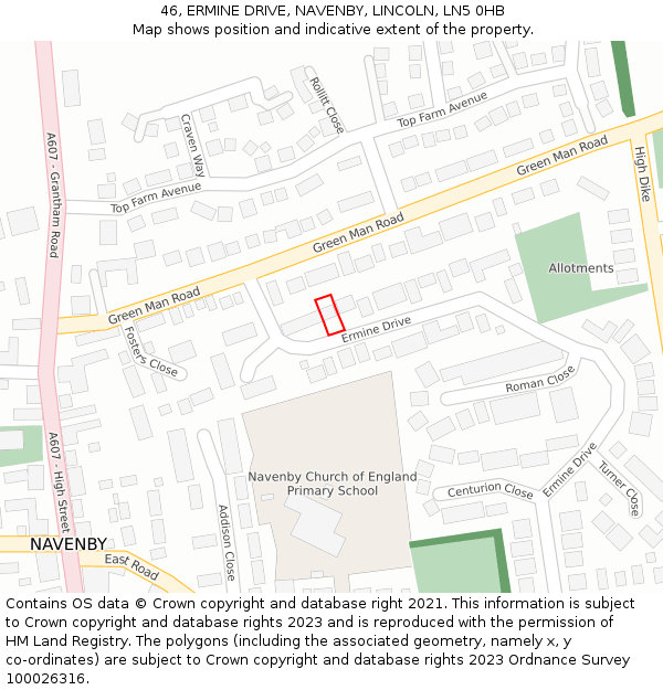 46, ERMINE DRIVE, NAVENBY, LINCOLN, LN5 0HB: Location map and indicative extent of plot