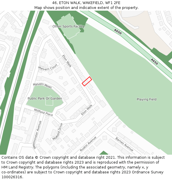 46, ETON WALK, WAKEFIELD, WF1 2FE: Location map and indicative extent of plot