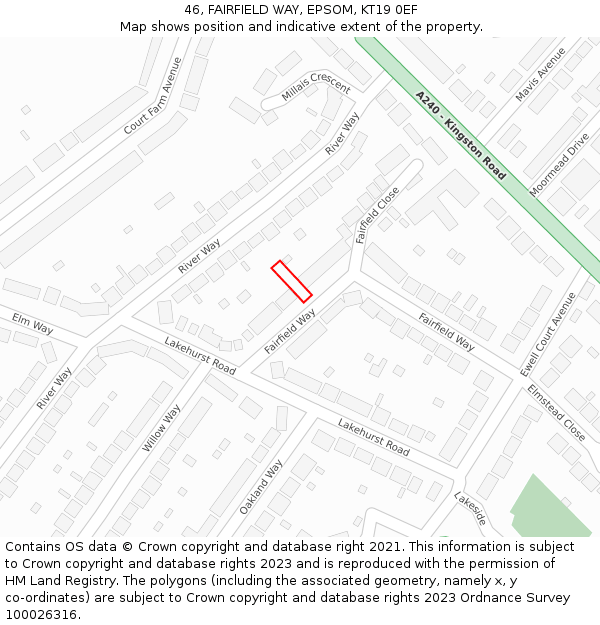 46, FAIRFIELD WAY, EPSOM, KT19 0EF: Location map and indicative extent of plot