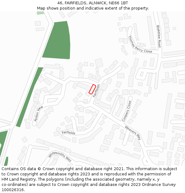 46, FAIRFIELDS, ALNWICK, NE66 1BT: Location map and indicative extent of plot