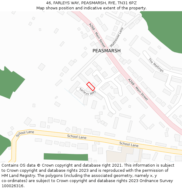 46, FARLEYS WAY, PEASMARSH, RYE, TN31 6PZ: Location map and indicative extent of plot