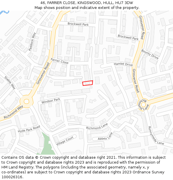 46, FARRIER CLOSE, KINGSWOOD, HULL, HU7 3DW: Location map and indicative extent of plot