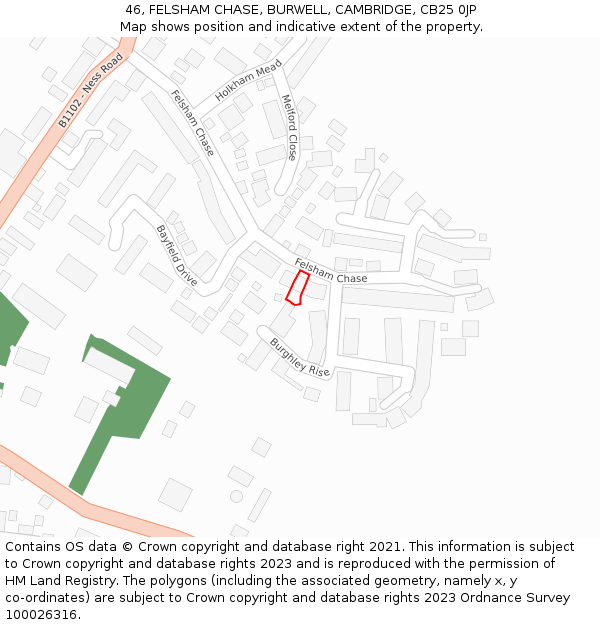 46, FELSHAM CHASE, BURWELL, CAMBRIDGE, CB25 0JP: Location map and indicative extent of plot