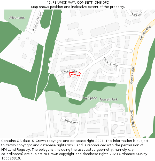 46, FENWICK WAY, CONSETT, DH8 5FD: Location map and indicative extent of plot