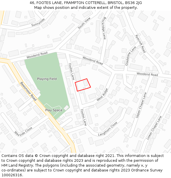 46, FOOTES LANE, FRAMPTON COTTERELL, BRISTOL, BS36 2JG: Location map and indicative extent of plot