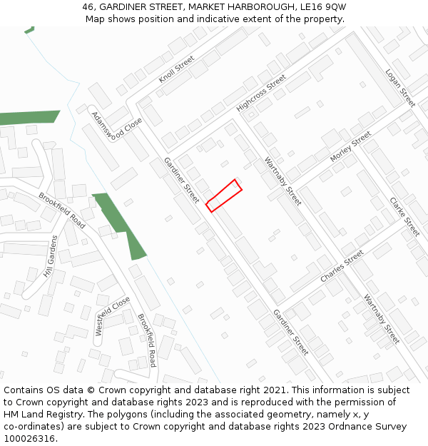46, GARDINER STREET, MARKET HARBOROUGH, LE16 9QW: Location map and indicative extent of plot