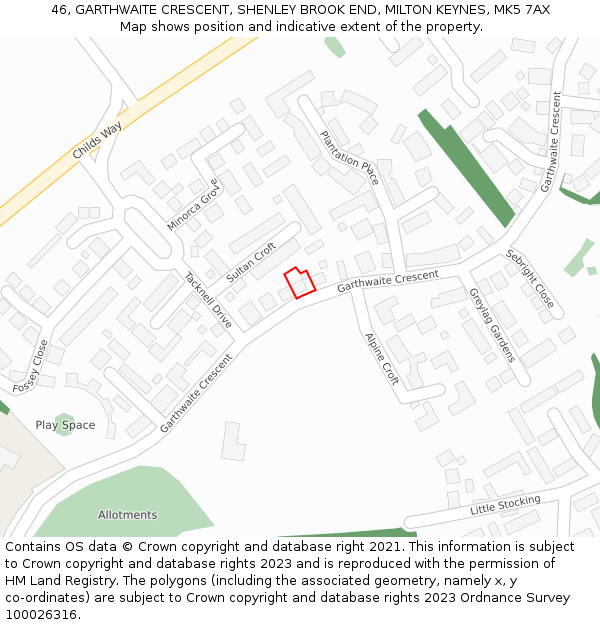 46, GARTHWAITE CRESCENT, SHENLEY BROOK END, MILTON KEYNES, MK5 7AX: Location map and indicative extent of plot