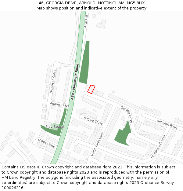 46, GEORGIA DRIVE, ARNOLD, NOTTINGHAM, NG5 8HX: Location map and indicative extent of plot