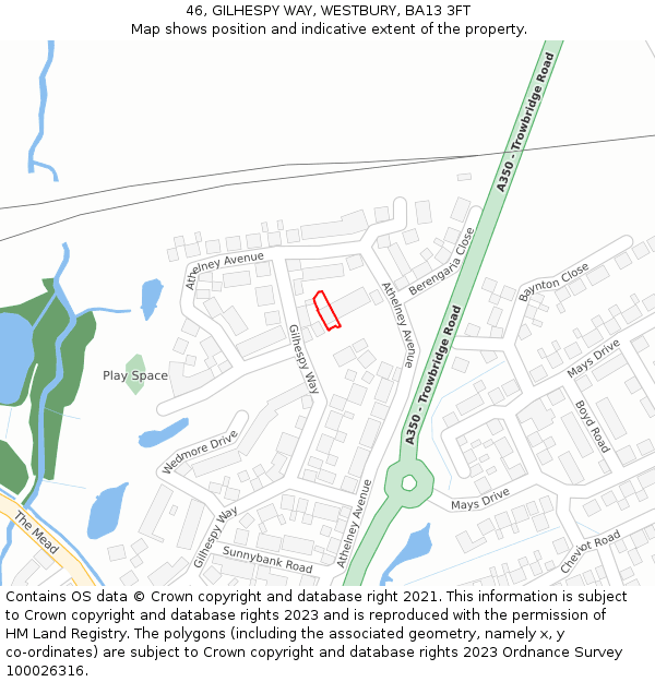 46, GILHESPY WAY, WESTBURY, BA13 3FT: Location map and indicative extent of plot