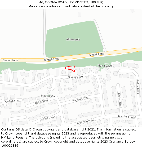 46, GODIVA ROAD, LEOMINSTER, HR6 8UQ: Location map and indicative extent of plot